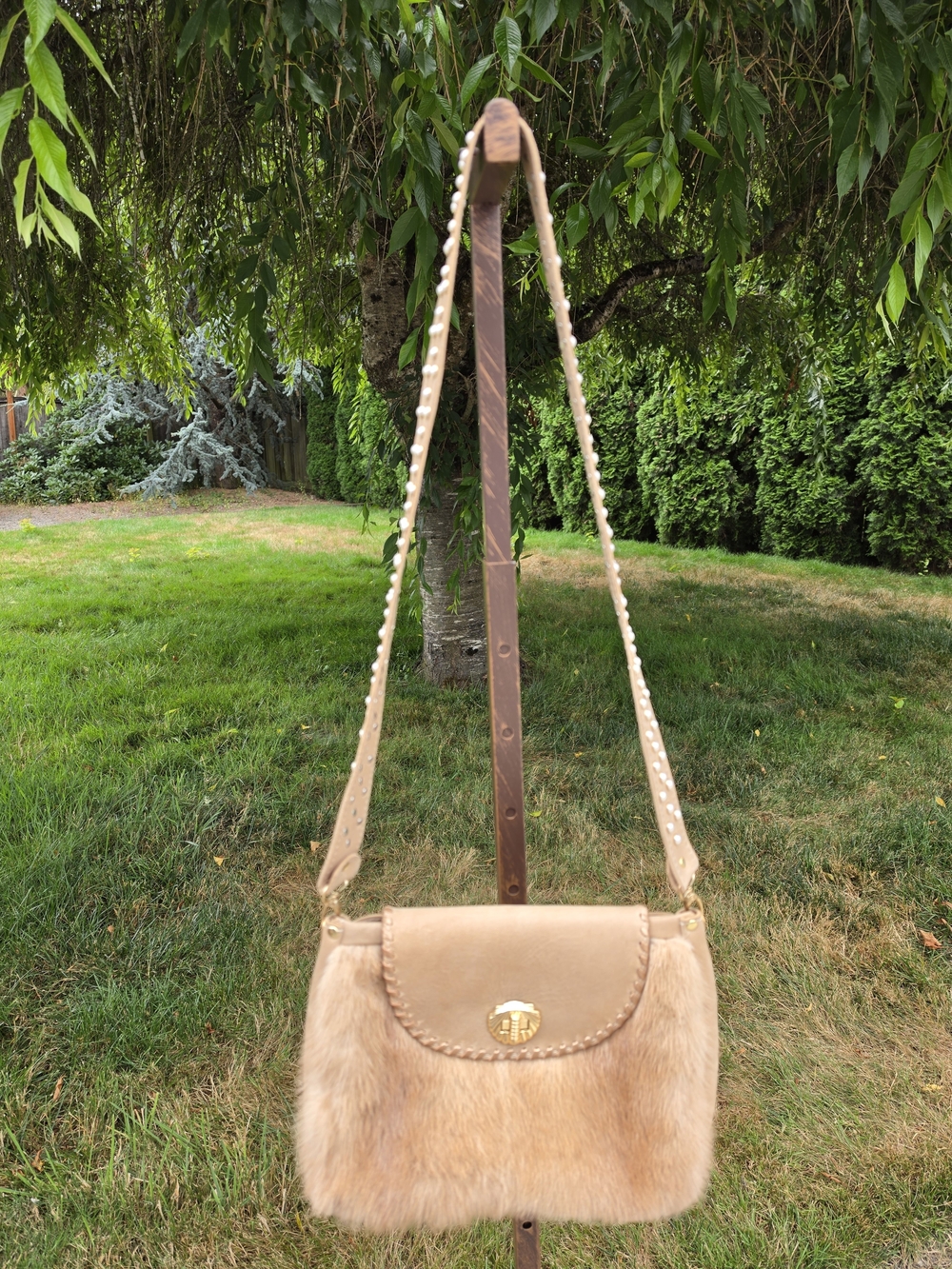 Beige Mink Fur Leather Crossbody Bag with Braided Trim